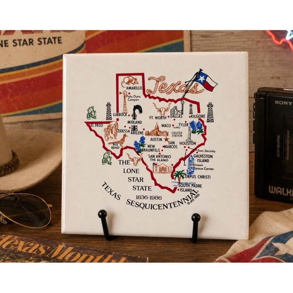 Vintage Texas Sesquicentennial Ceramic Tile Trivet Brazil 6x6 Lone Star Decor
